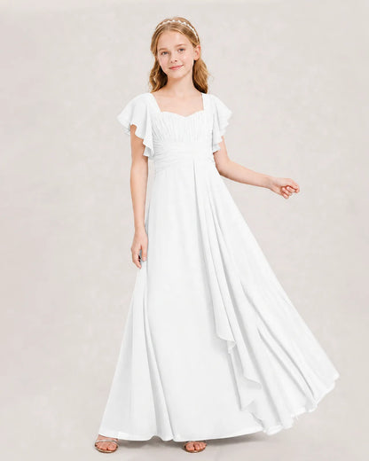 White Chiffon A-line Junior Bridesmaid Dress Front View
