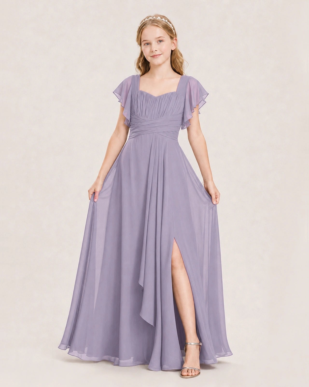 Dideyttawl Junior Bridesmaid Dress Sweetheart Neck Slit Chiffon Floor-Length Gown