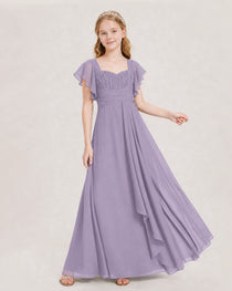 Dideyttawl Junior Bridesmaid Dress Sweetheart Neck Slit Chiffon Floor-Length Gown