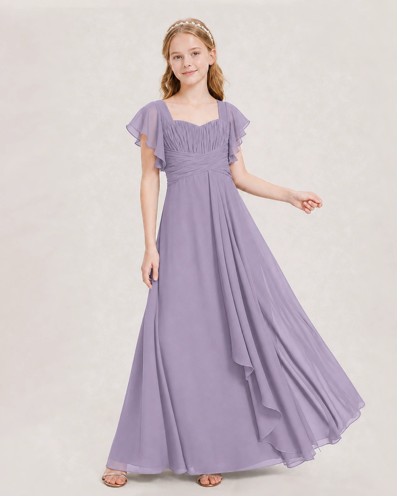 Dideyttawl Junior Bridesmaid Dress Sweetheart Neck Slit Chiffon Floor-Length Gown