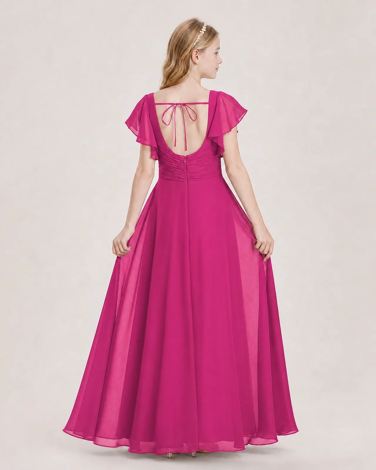 Hot Pink Chiffon A-Line Junior Bridesmaid Dress Back View