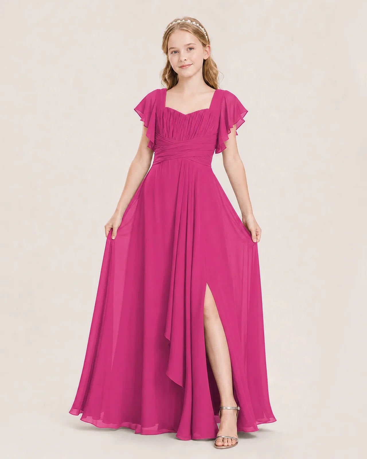 Hot Pink Chiffon A-Line Junior Bridesmaid Dress Front View