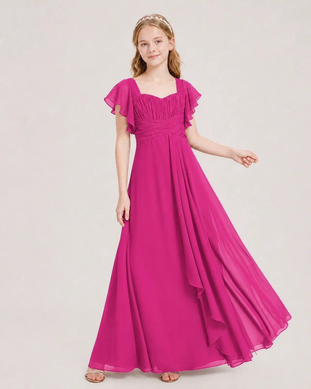 Hot Pink Chiffon A-line Junior Bridesmaid Dress Front View