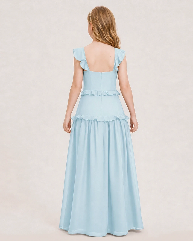 Baby Blue Chiffon Ruffled Tiered Junior Bridesmaid Dresses Back View