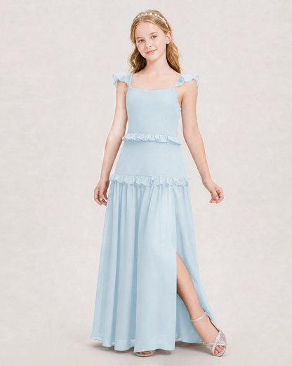 Dideyttawl Ruffle Chiffon Junior Bridesmaid Dress with Slit