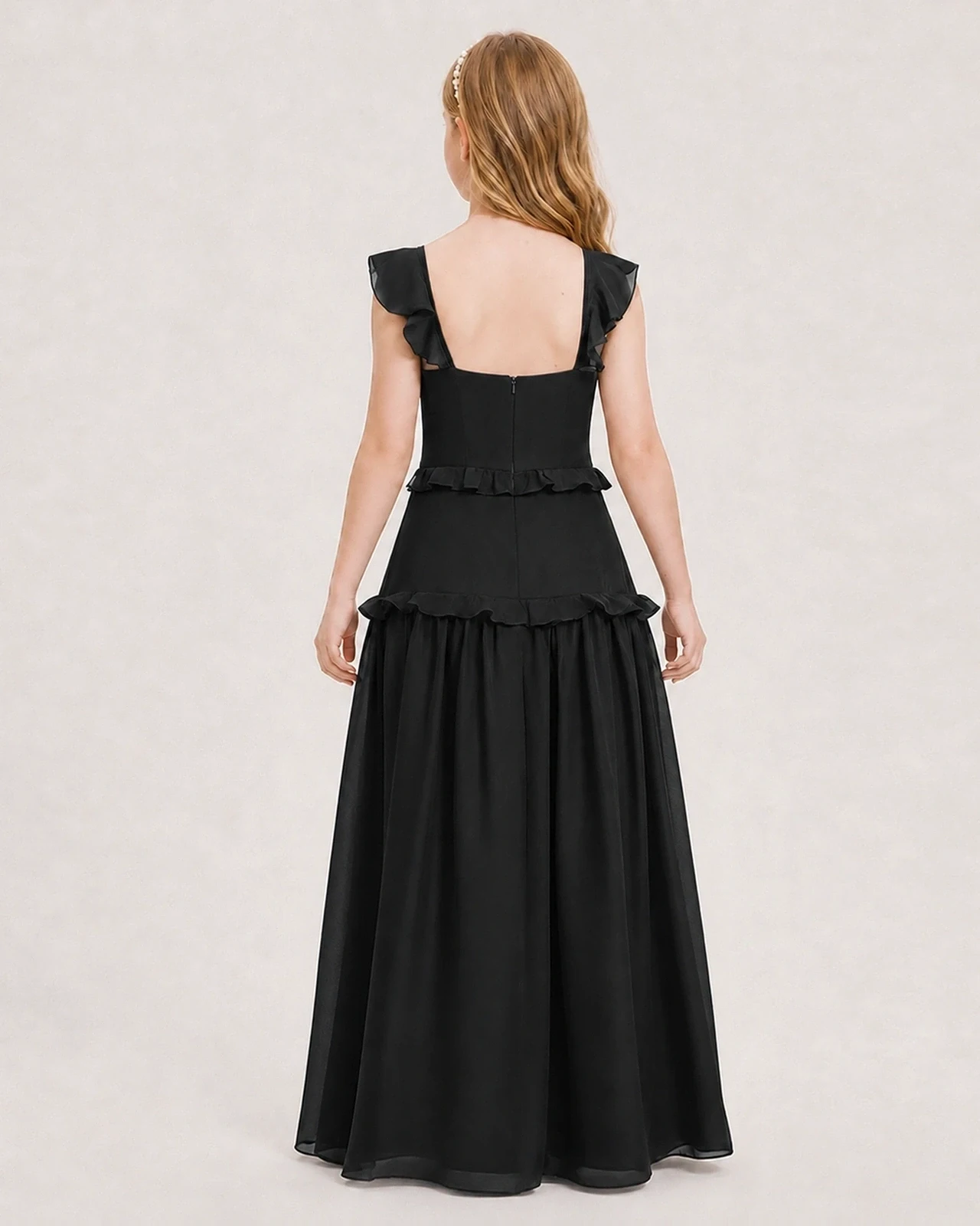 Dideyttawl Ruffle Chiffon Junior Bridesmaid Dress with Slit