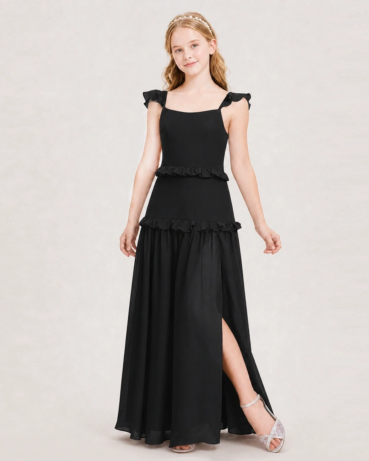 Dideyttawl Ruffle Chiffon Junior Bridesmaid Dress with Slit