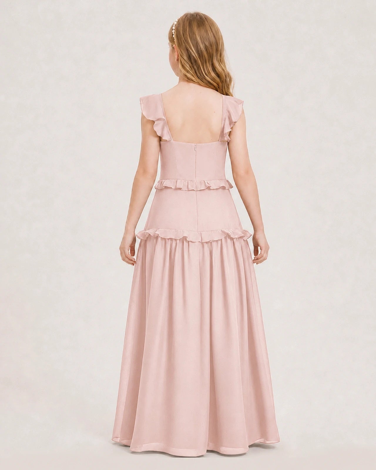 Dideyttawl Ruffle Chiffon Junior Bridesmaid Dress with Slit