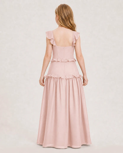 Dideyttawl Ruffle Chiffon Junior Bridesmaid Dress with Slit