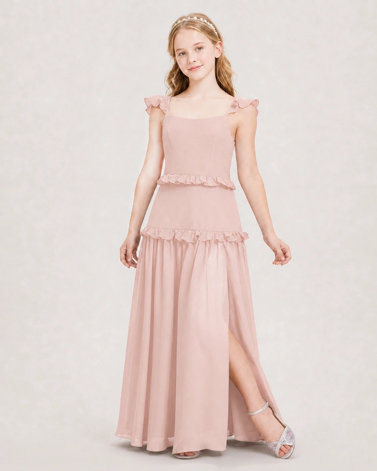 Dideyttawl Ruffle Chiffon Junior Bridesmaid Dress with Slit