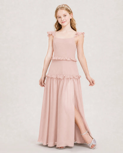 Dideyttawl Ruffle Chiffon Junior Bridesmaid Dress with Slit