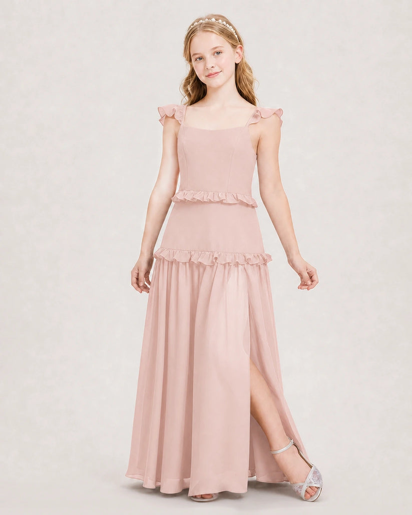 Blush pink chiffon square-neck layered junior bridesmaid dress, front view