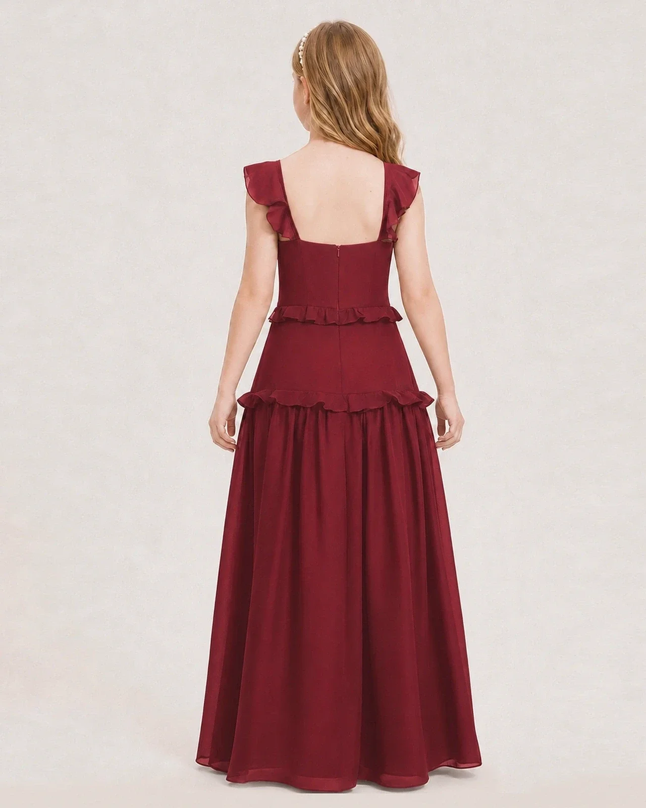 Dideyttawl Ruffle Chiffon Junior Bridesmaid Dress with Slit
