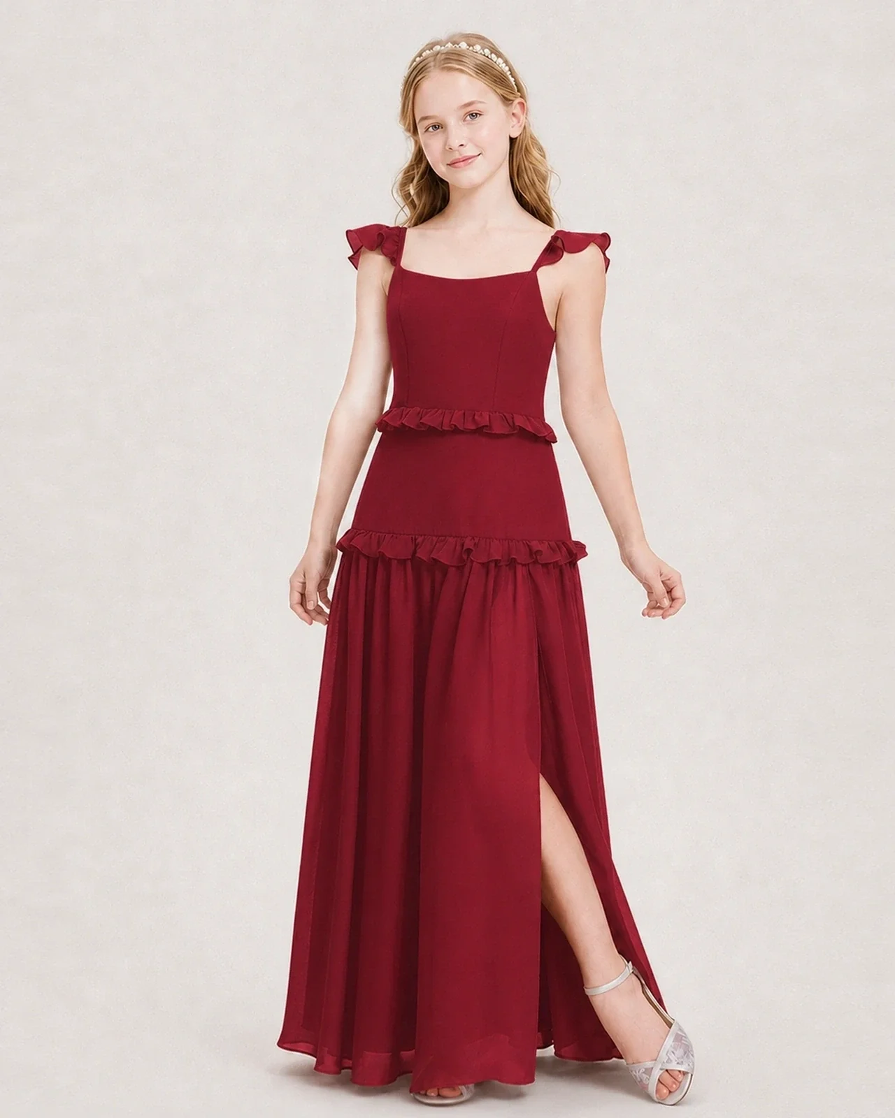 Dideyttawl Ruffle Chiffon Junior Bridesmaid Dress with Slit