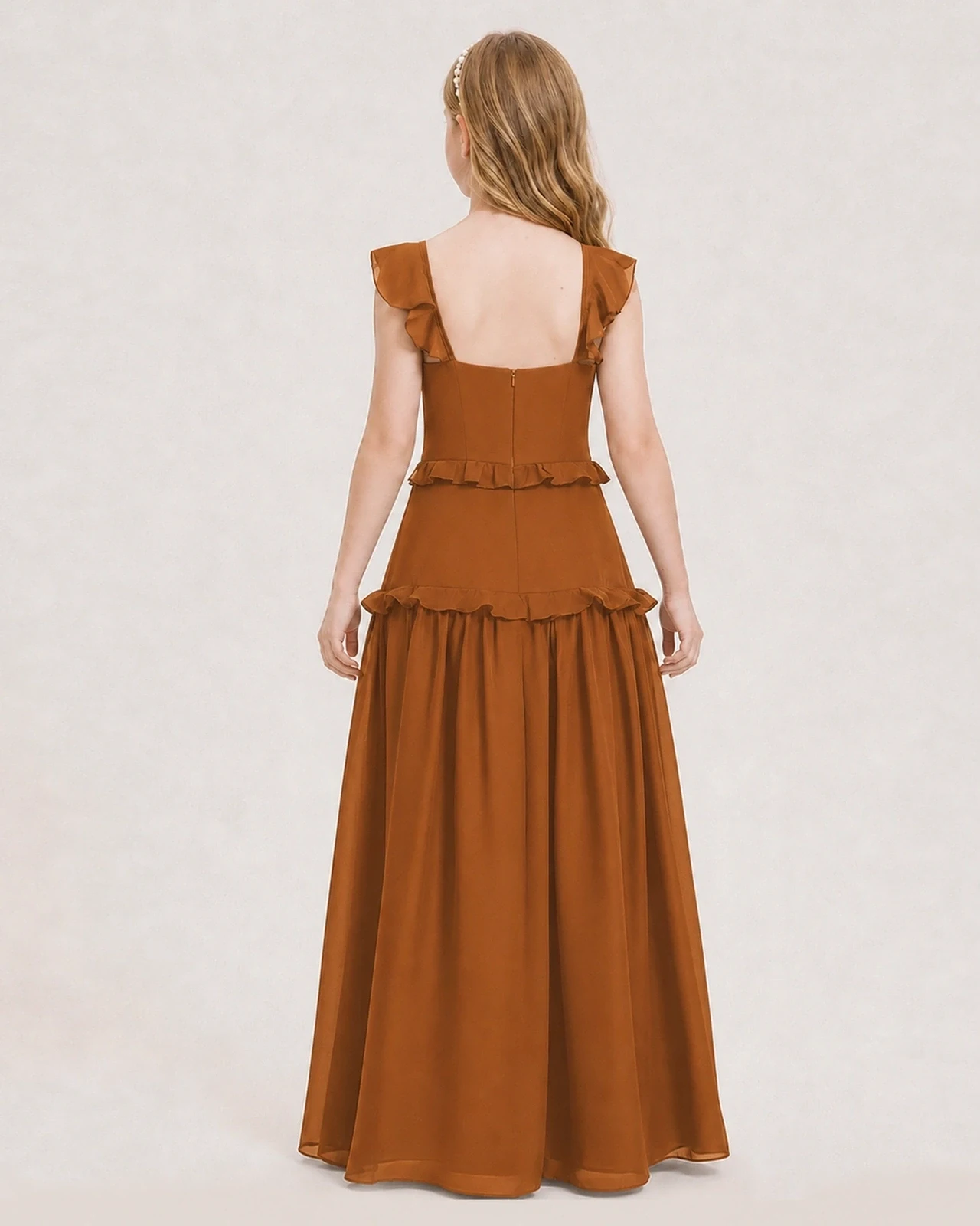 Dideyttawl Ruffle Chiffon Junior Bridesmaid Dress with Slit