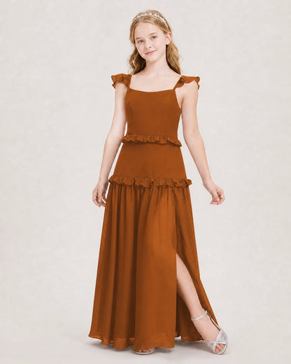 Dideyttawl Ruffle Chiffon Junior Bridesmaid Dress with Slit