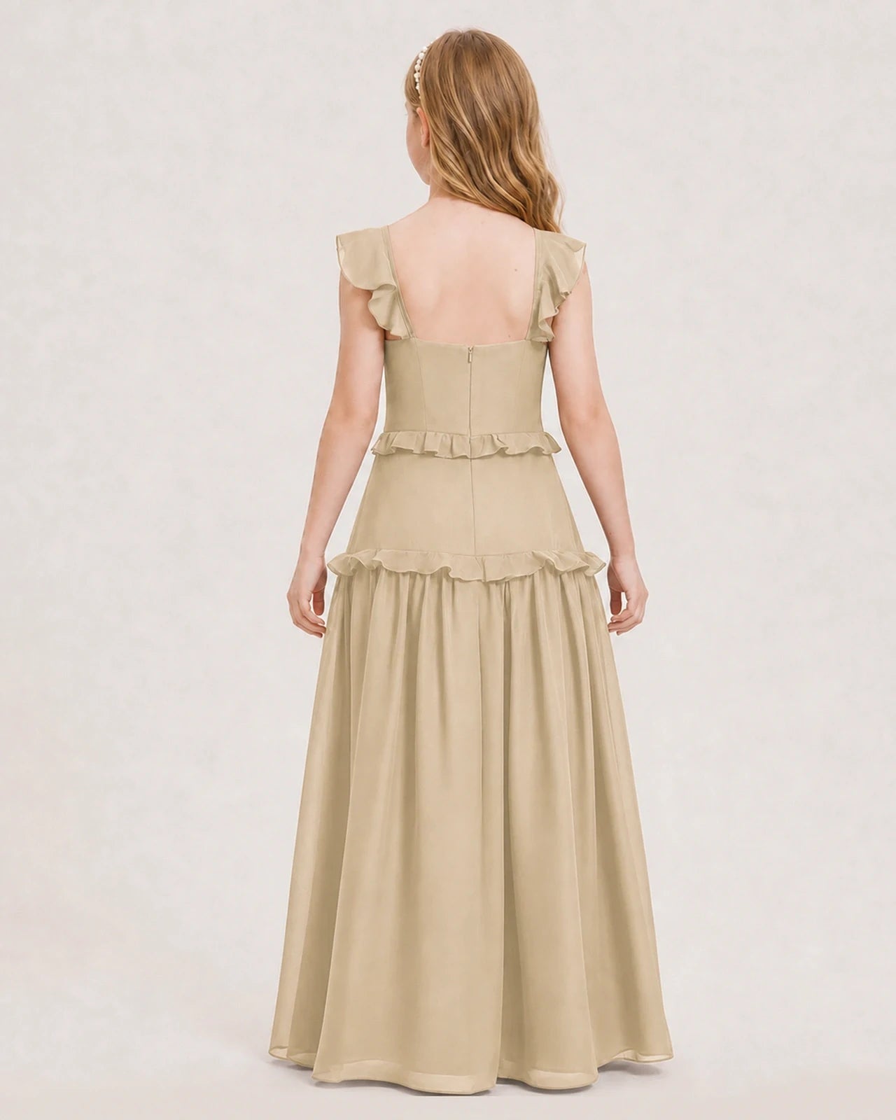 Dideyttawl Ruffle Chiffon Junior Bridesmaid Dress with Slit