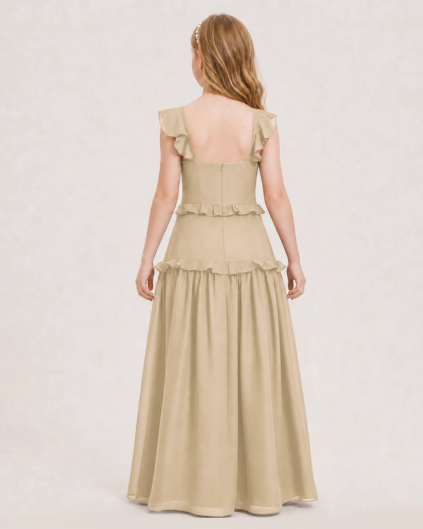 Champagne Chiffon Ruffled Tiered Junior Bridesmaid Dresses Back View