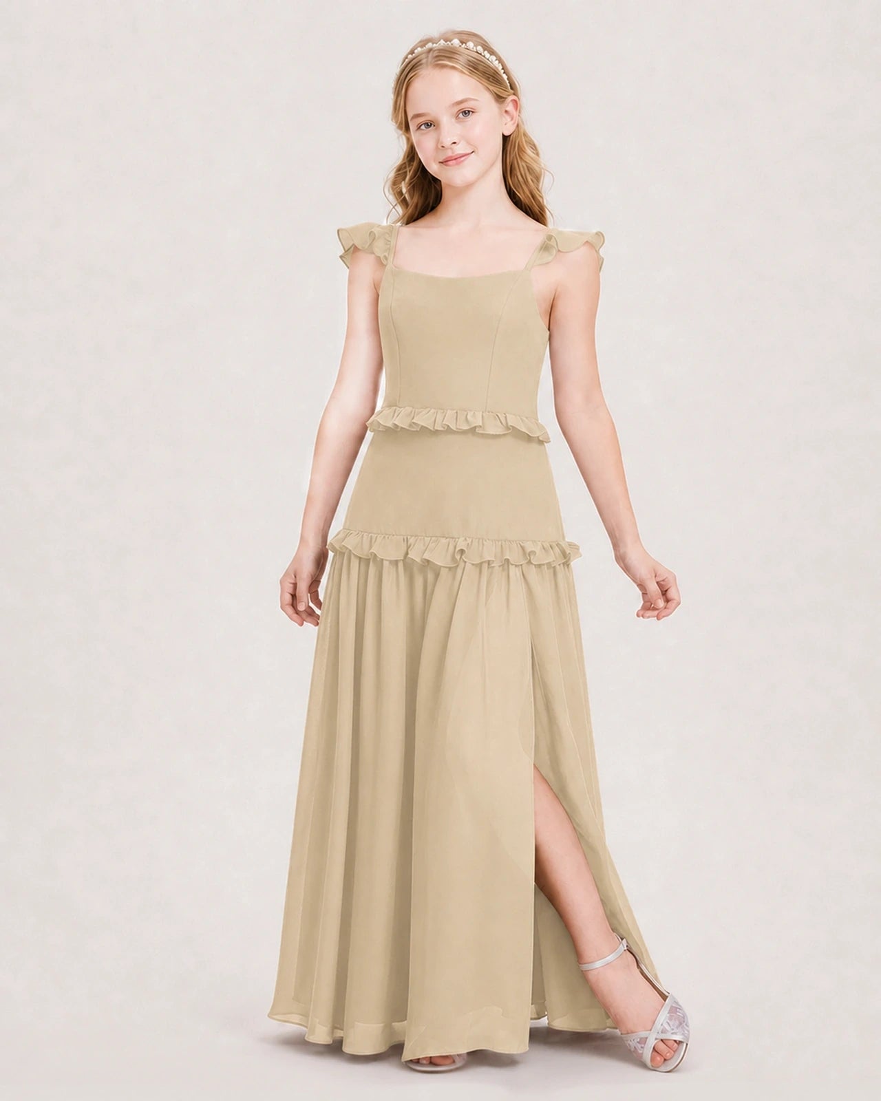 Dideyttawl Ruffle Chiffon Junior Bridesmaid Dress with Slit