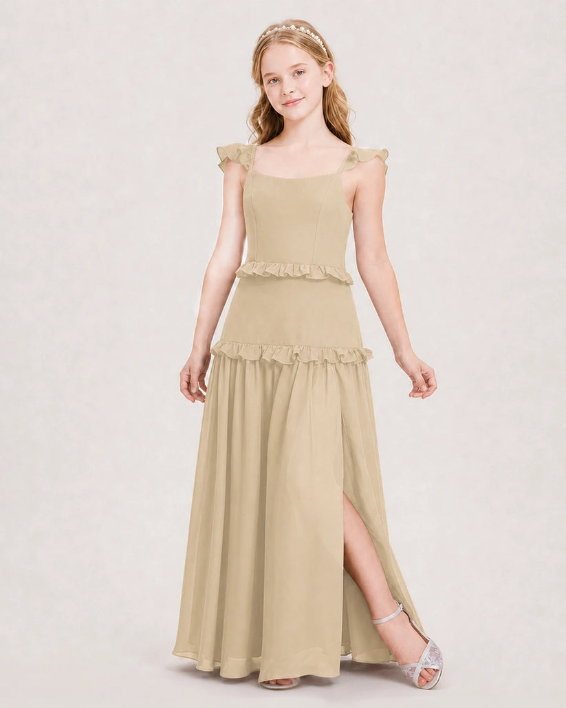 Champagne Chiffon Ruffled Tiered Junior Bridesmaid Dresses Front View