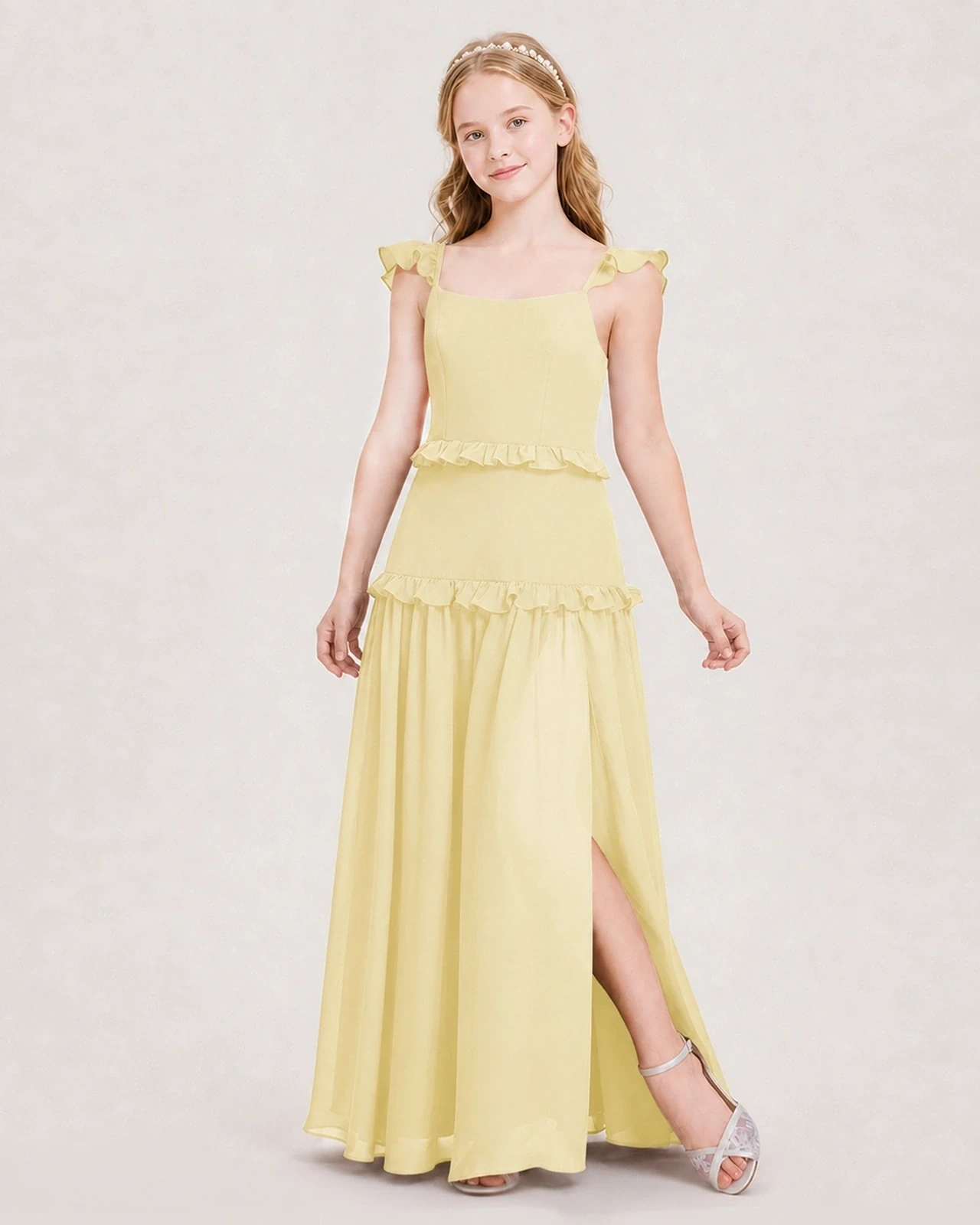 Dideyttawl Ruffle Chiffon Junior Bridesmaid Dress with Slit