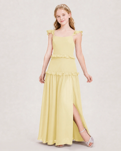 Dideyttawl Ruffle Chiffon Junior Bridesmaid Dress with Slit