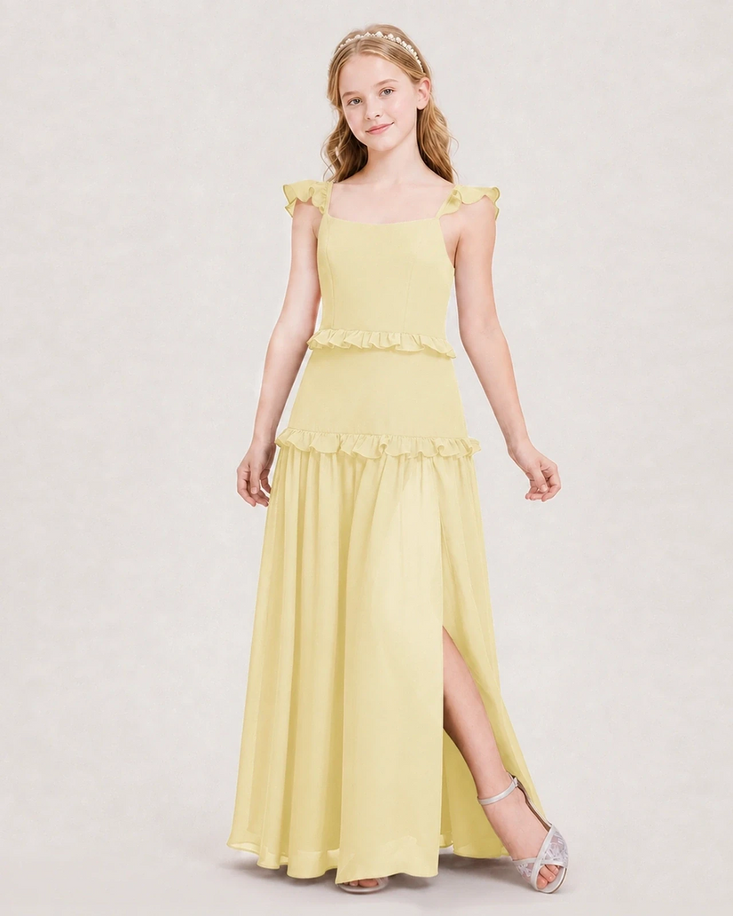 Daffodil Chiffon Ruffled Slit Junior Bridesmaid Dress Front View