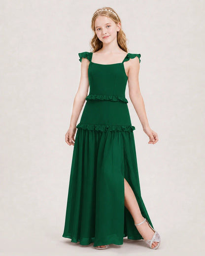 Dideyttawl Ruffle Chiffon Junior Bridesmaid Dress with Slit