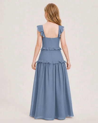 Dideyttawl Ruffle Chiffon Junior Bridesmaid Dress with Slit