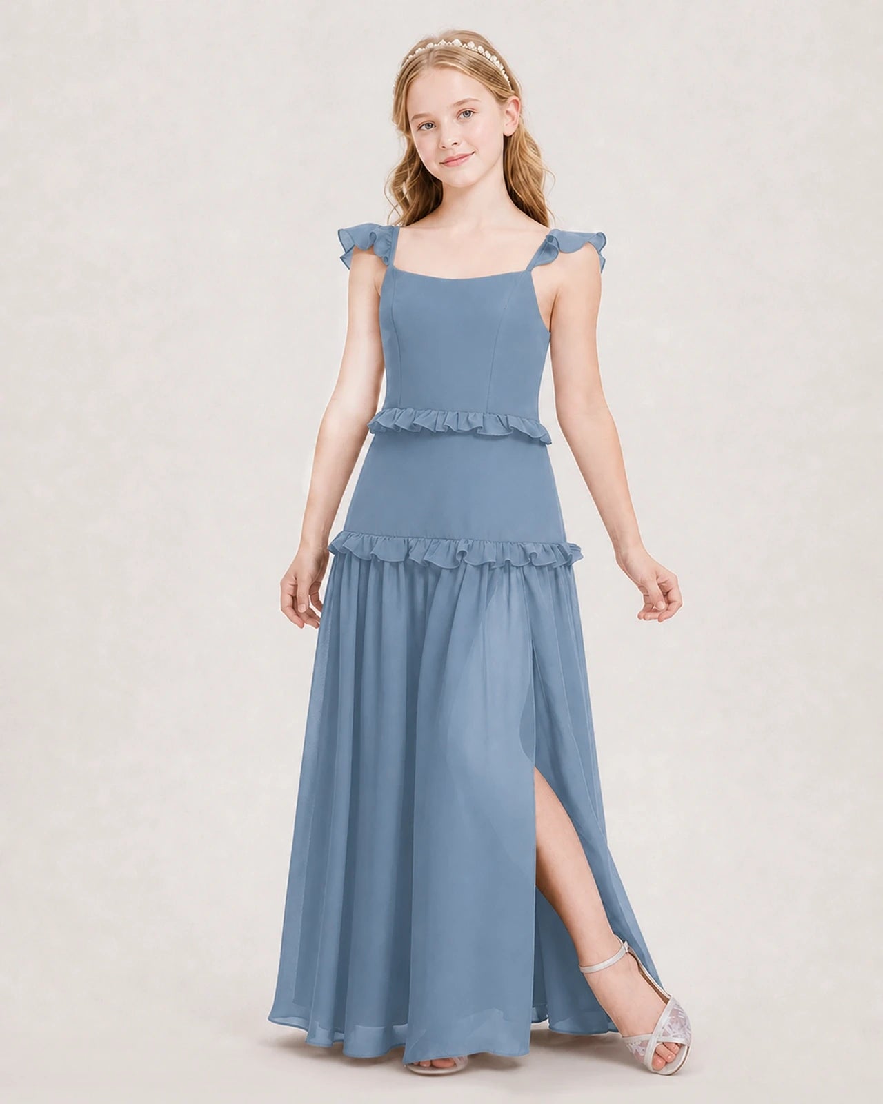 Dideyttawl Ruffle Chiffon Junior Bridesmaid Dress with Slit