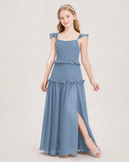 Dideyttawl Ruffle Chiffon Junior Bridesmaid Dress with Slit