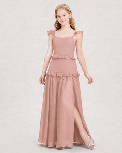 Dideyttawl Ruffle Chiffon Junior Bridesmaid Dress with Slit