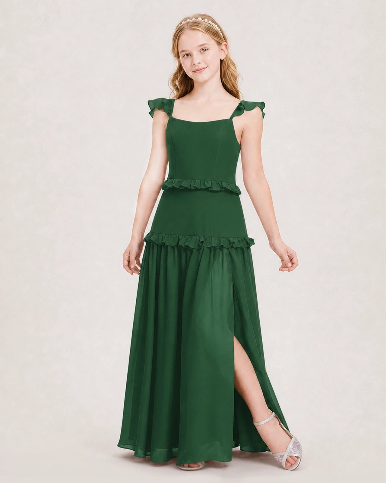 Dideyttawl Ruffle Chiffon Junior Bridesmaid Dress with Slit