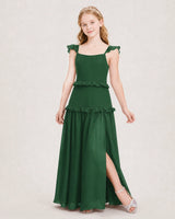 Emerald Green Chiffon Ruffled Tiered Junior Bridesmaid Dresses Front View