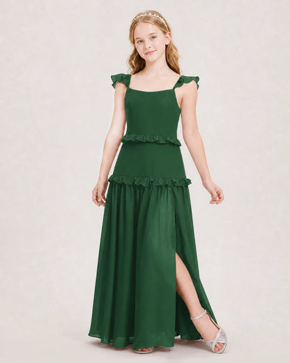 Dideyttawl Ruffle Chiffon Junior Bridesmaid Dress with Slit