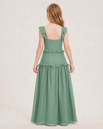 Dideyttawl Ruffle Chiffon Junior Bridesmaid Dress with Slit