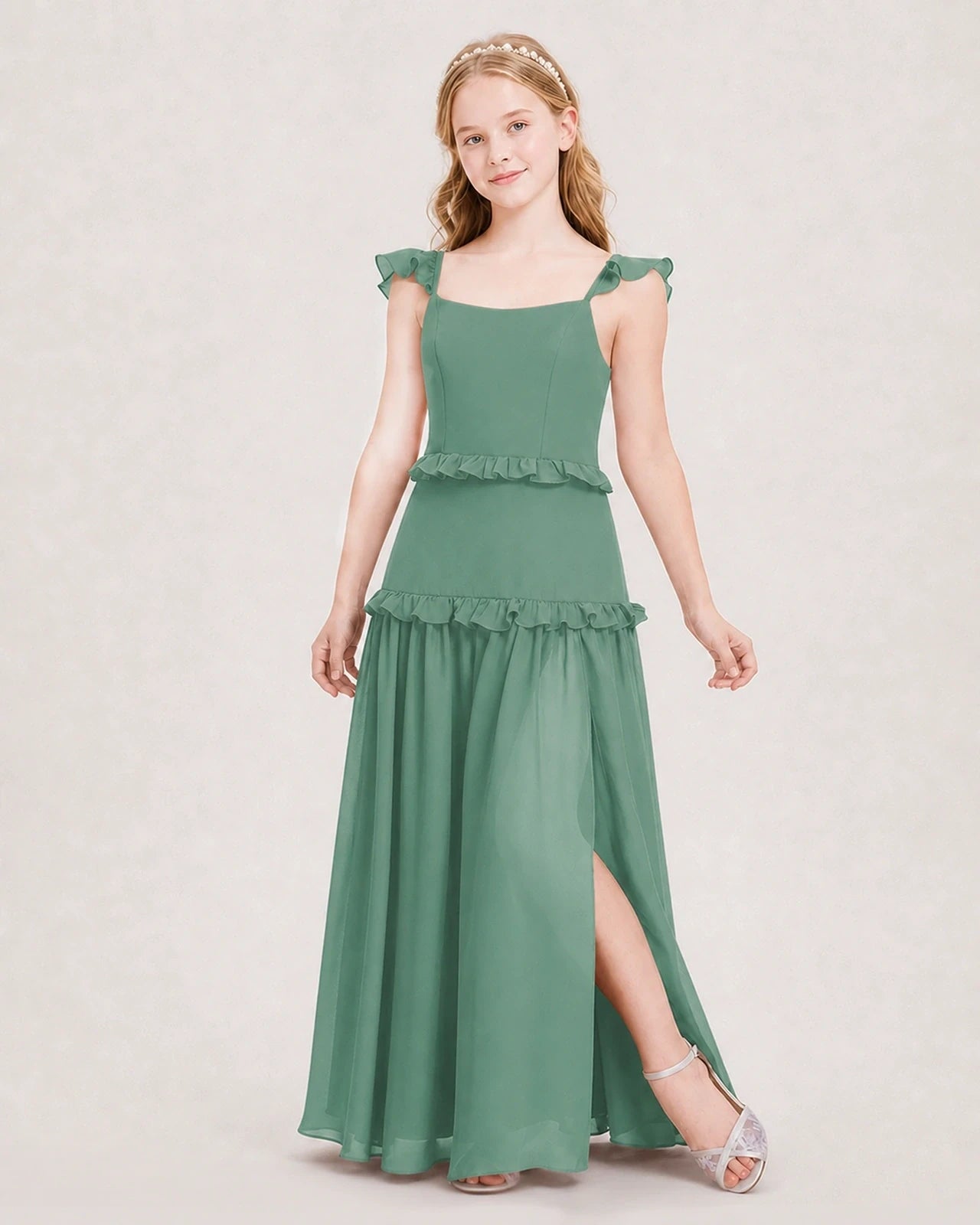 Eucalyptus Chiffon Ruffled Tiered Junior Bridesmaid Dresses Front View