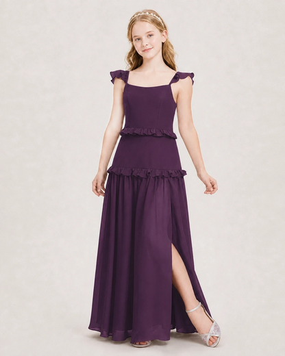 Dideyttawl Ruffle Chiffon Junior Bridesmaid Dress with Slit