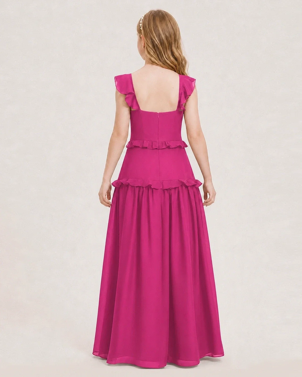 Dideyttawl Ruffle Chiffon Junior Bridesmaid Dress with Slit