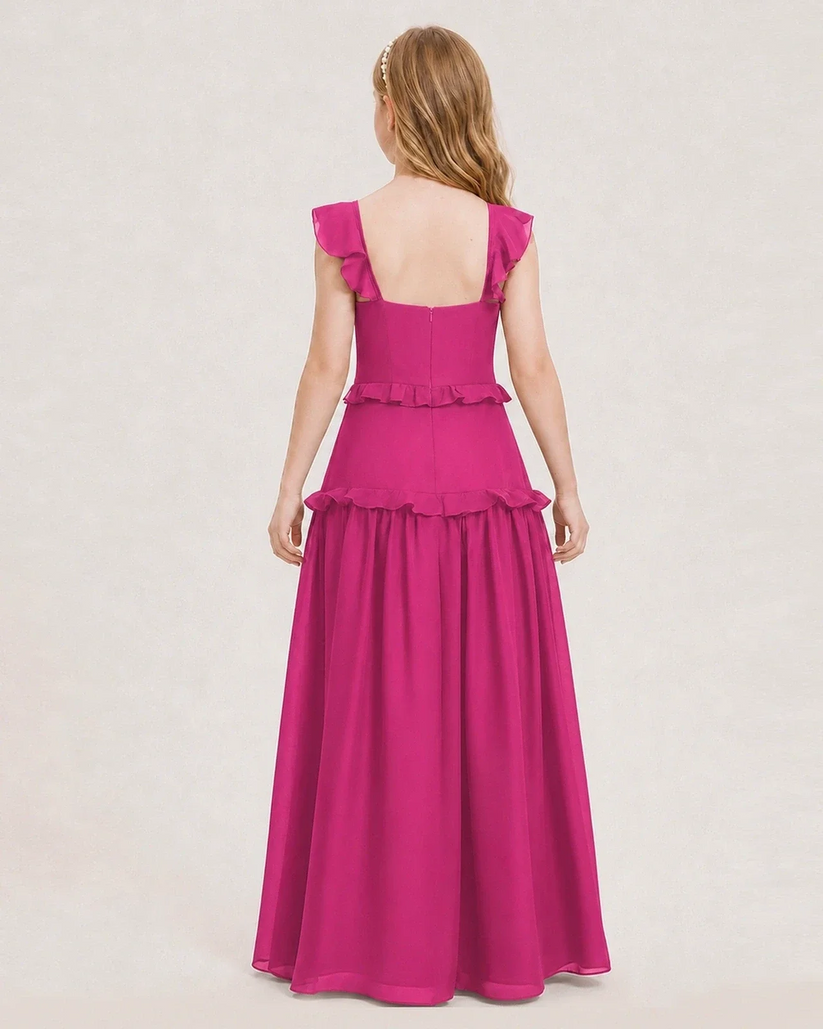 Hot Pink Chiffon Ruffled Tiered Junior Bridesmaid Dresses Back View