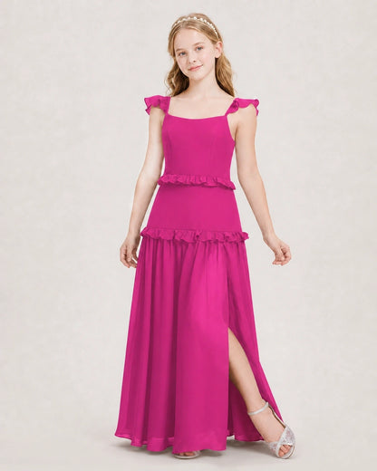Dideyttawl Ruffle Chiffon Junior Bridesmaid Dress with Slit