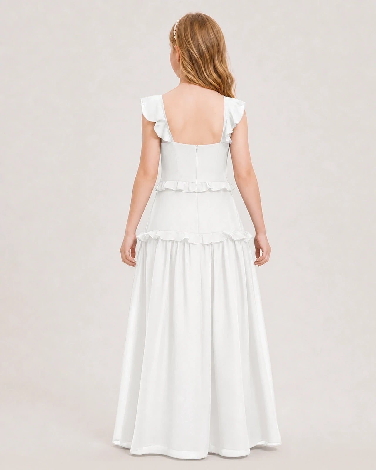 Dideyttawl Ruffle Chiffon Junior Bridesmaid Dress with Slit