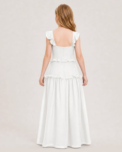 Dideyttawl Ruffle Chiffon Junior Bridesmaid Dress with Slit