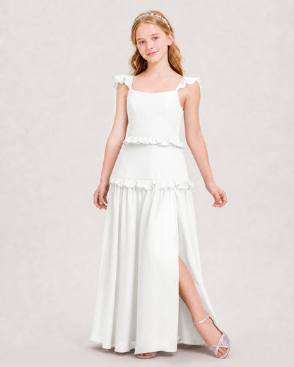 Dideyttawl Ruffle Chiffon Junior Bridesmaid Dress with Slit
