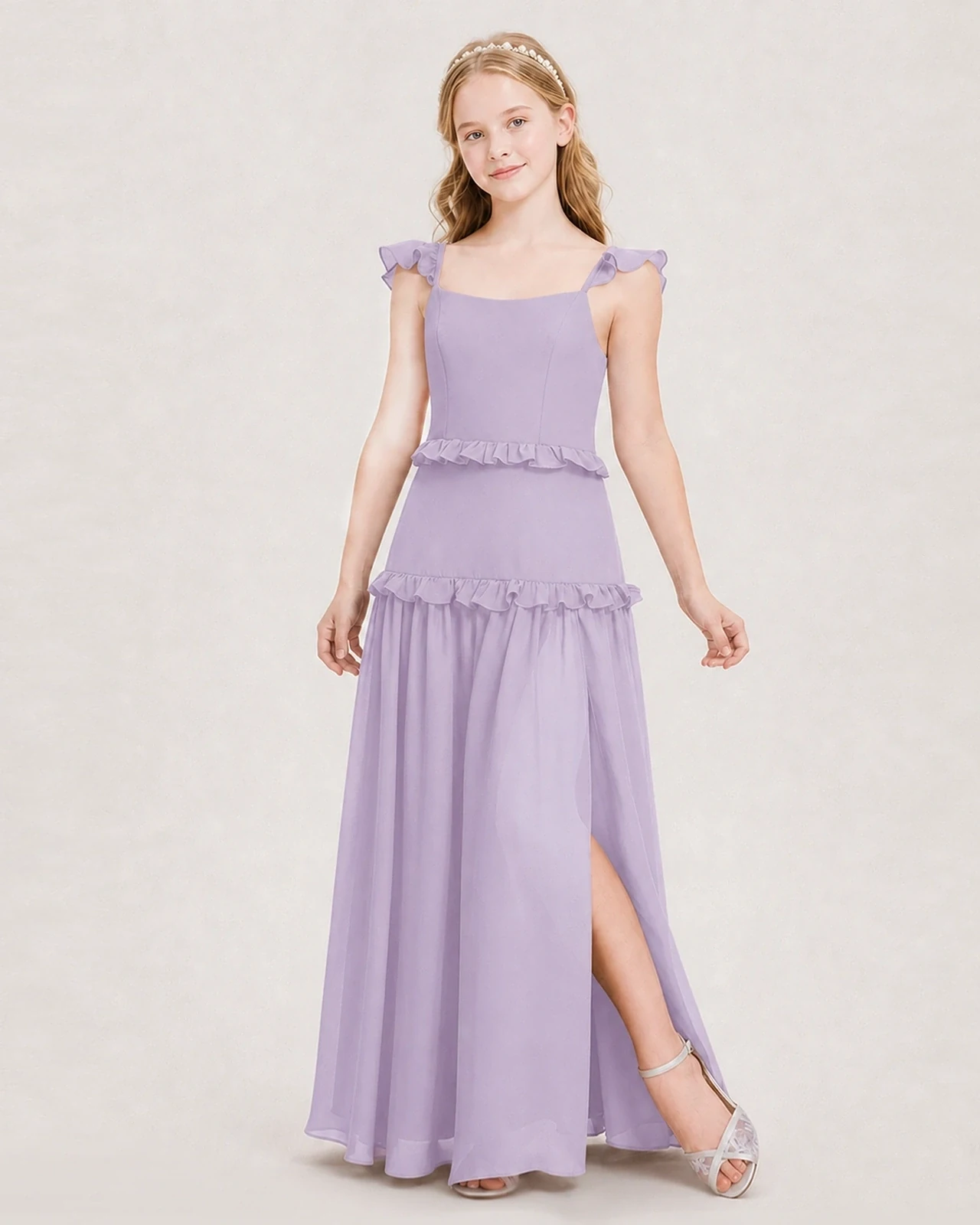 Dideyttawl Ruffle Chiffon Junior Bridesmaid Dress with Slit