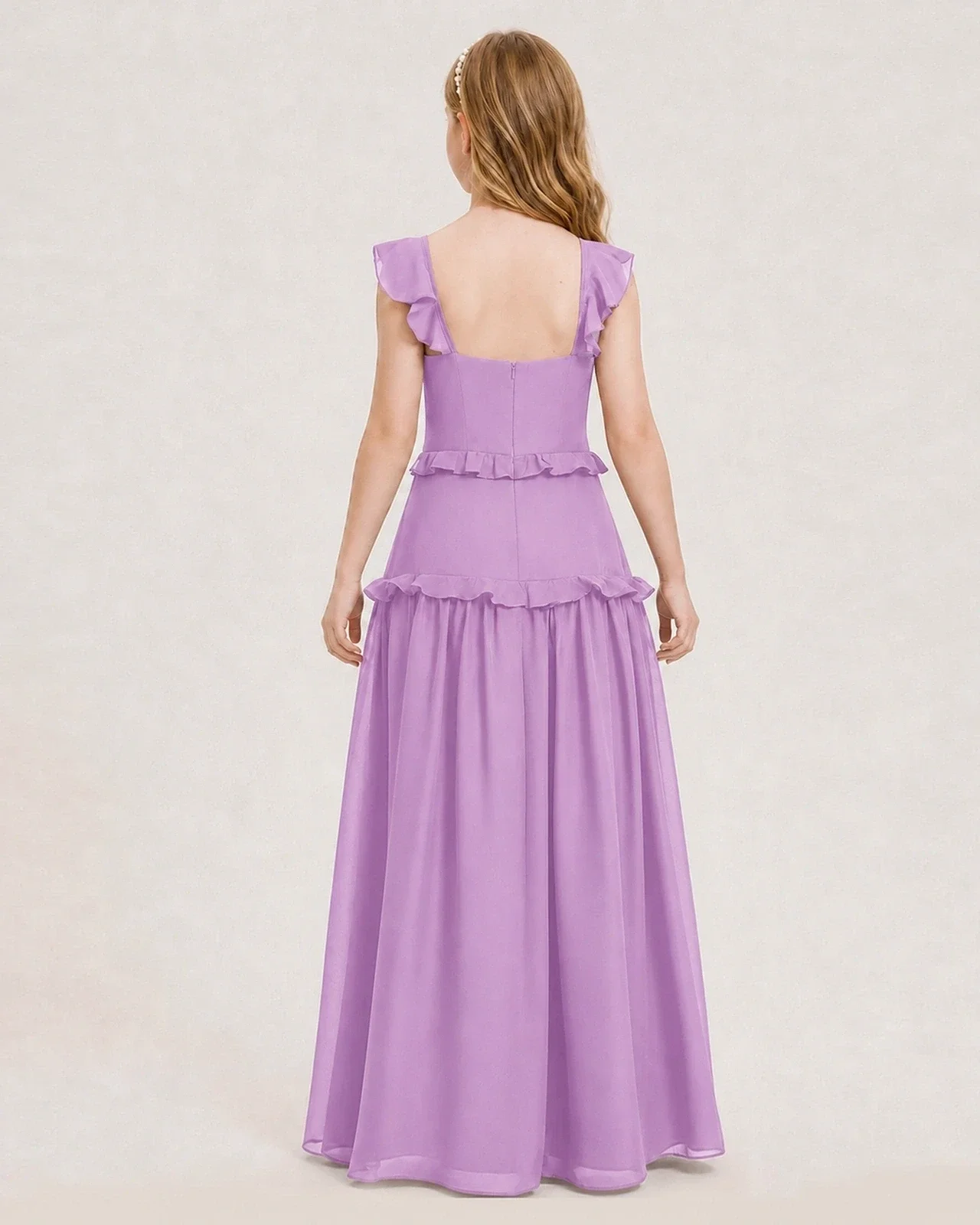 Dideyttawl Ruffle Chiffon Junior Bridesmaid Dress with Slit