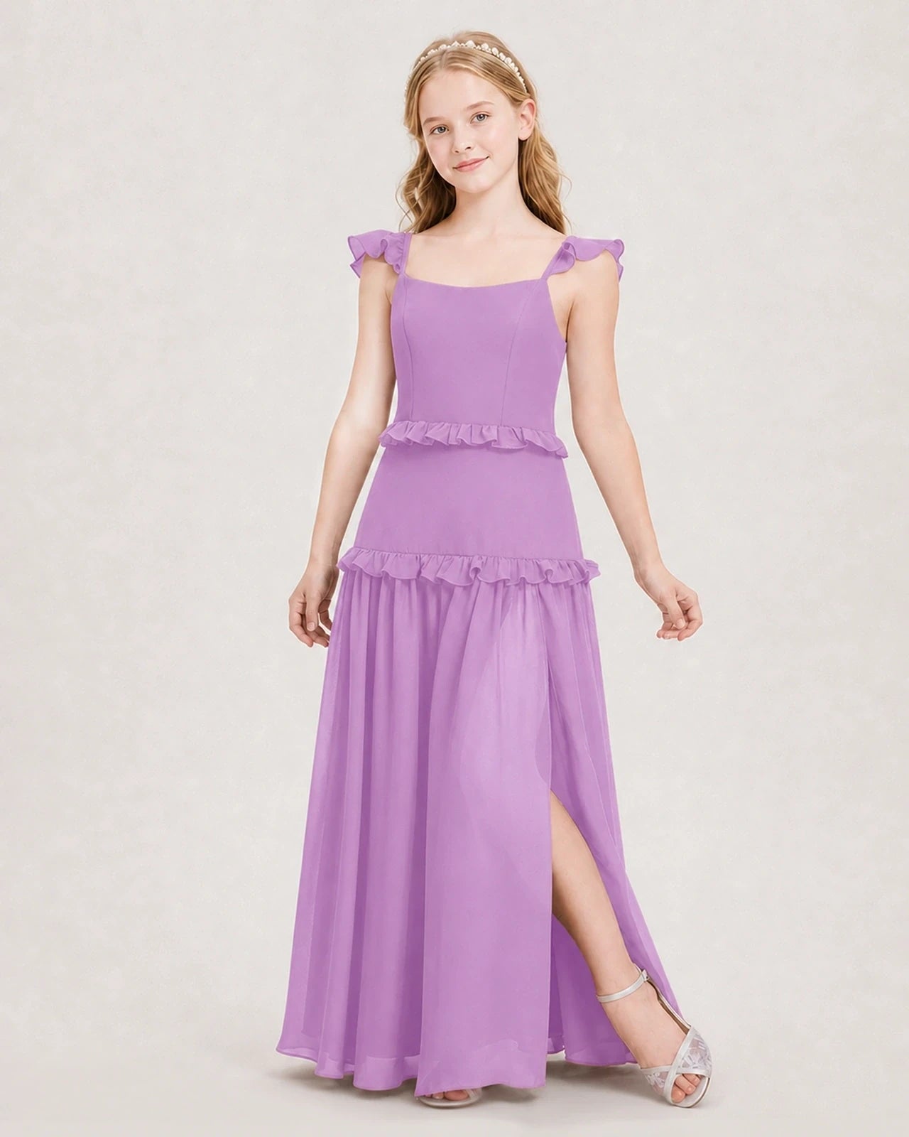 Dideyttawl Ruffle Chiffon Junior Bridesmaid Dress with Slit