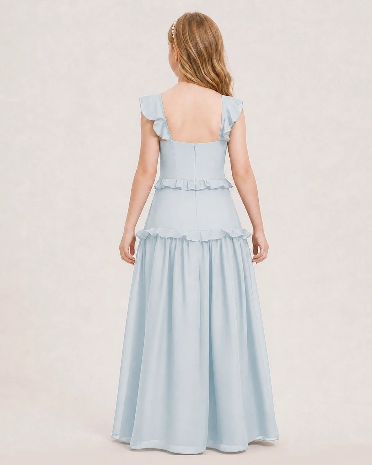 Dideyttawl Ruffle Chiffon Junior Bridesmaid Dress with Slit