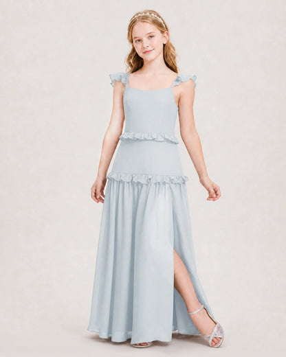 Dideyttawl Ruffle Chiffon Junior Bridesmaid Dress with Slit