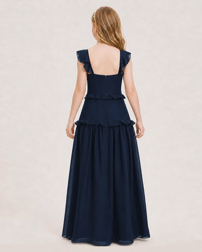 Dideyttawl Ruffle Chiffon Junior Bridesmaid Dress with Slit